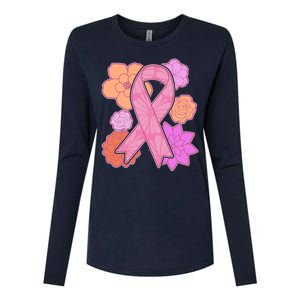 Breast Cancer Awareness Floral Flowers Ribbon Womens Cotton Relaxed Long Sleeve T-Shirt