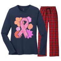 Breast Cancer Awareness Floral Flowers Ribbon Women's Long Sleeve Flannel Pajama Set 