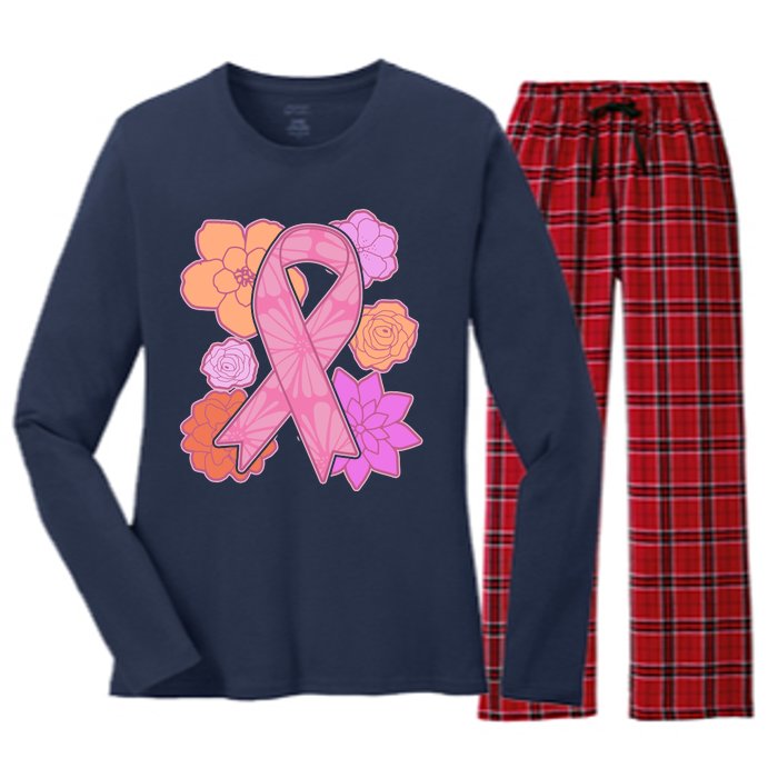 Breast Cancer Awareness Floral Flowers Ribbon Women's Long Sleeve Flannel Pajama Set 