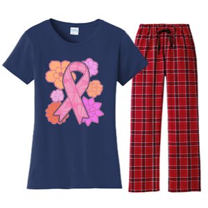 Breast Cancer Awareness Floral Flowers Ribbon Women's Flannel Pajama Set