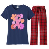 Breast Cancer Awareness Floral Flowers Ribbon Women's Flannel Pajama Set