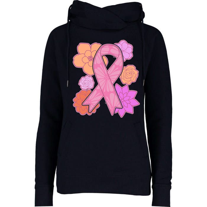 Breast Cancer Awareness Floral Flowers Ribbon Womens Funnel Neck Pullover Hood