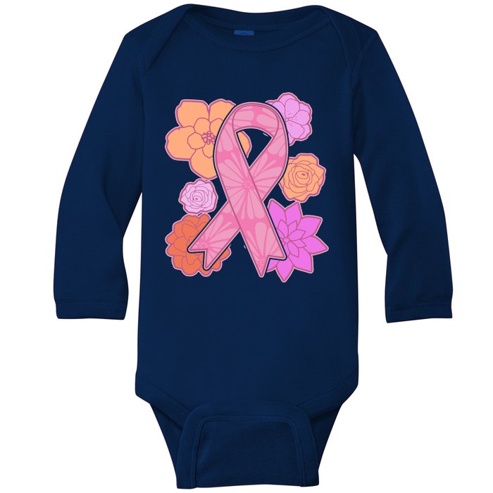 Breast Cancer Awareness Floral Flowers Ribbon Baby Long Sleeve Bodysuit