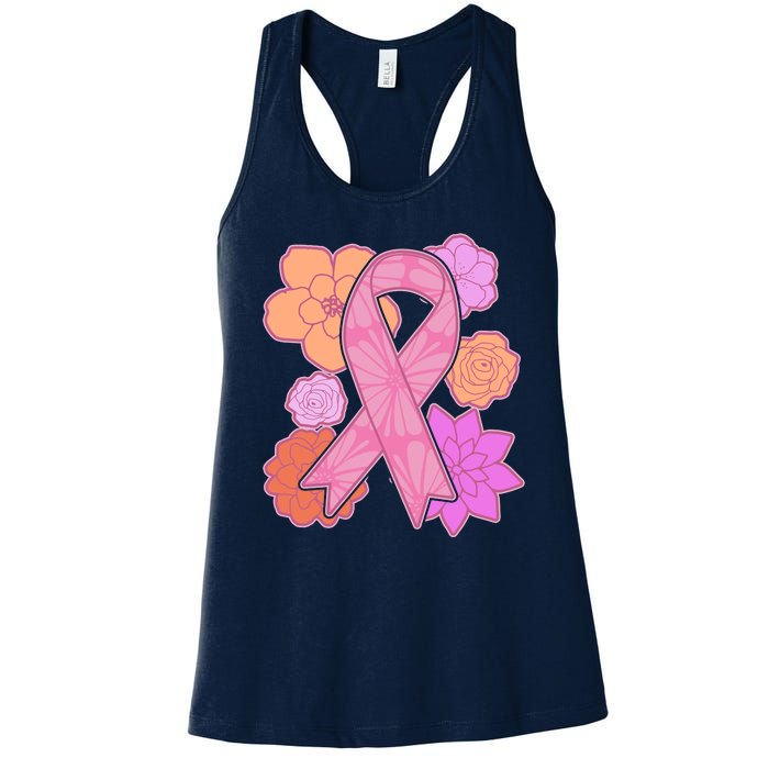 Breast Cancer Awareness Floral Flowers Ribbon Women's Racerback Tank