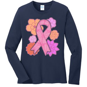 Breast Cancer Awareness Floral Flowers Ribbon Ladies Long Sleeve Shirt