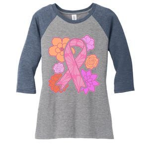 Breast Cancer Awareness Floral Flowers Ribbon Women's Tri-Blend 3/4-Sleeve Raglan Shirt