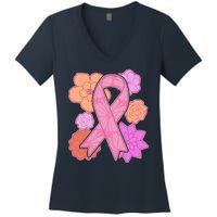 Breast Cancer Awareness Floral Flowers Ribbon Women's V-Neck T-Shirt