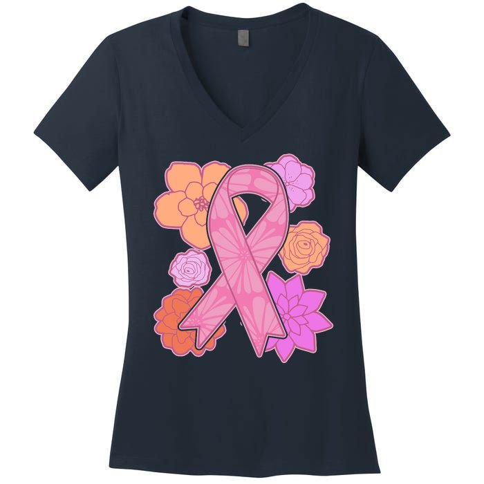 Breast Cancer Awareness Floral Flowers Ribbon Women's V-Neck T-Shirt