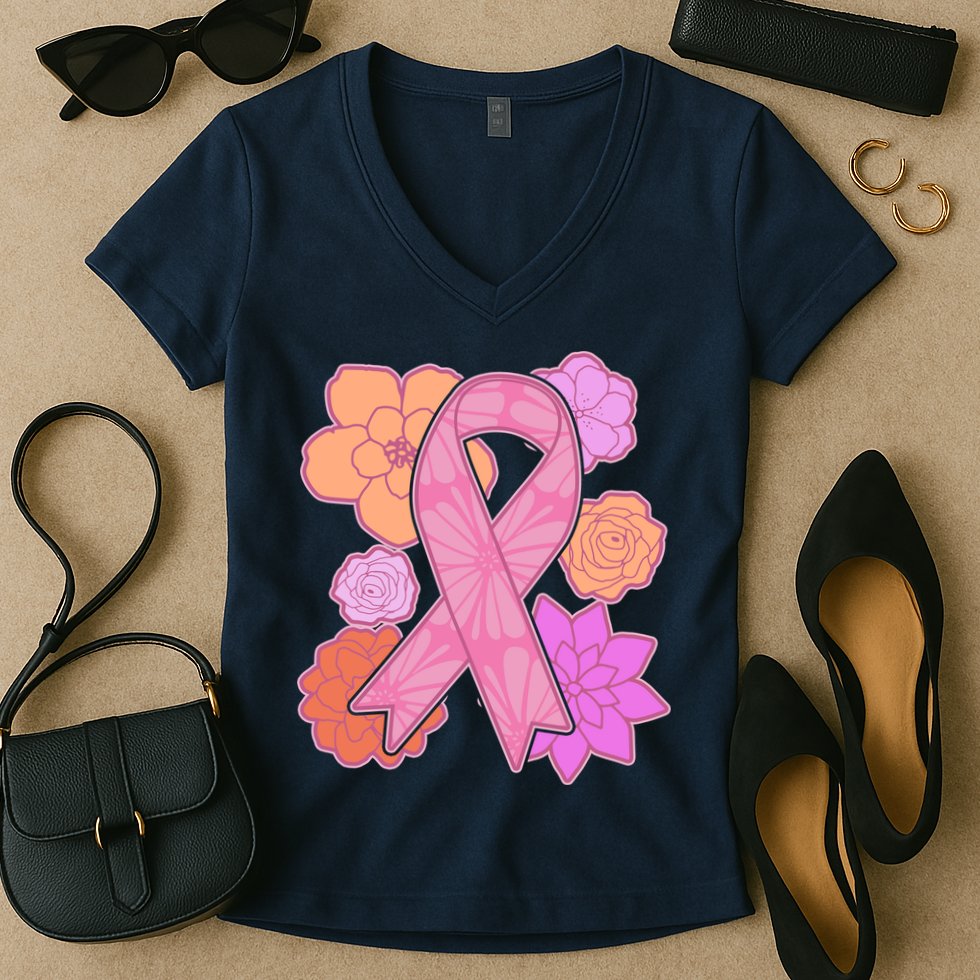Breast Cancer Awareness Floral Flowers Ribbon Women's V-Neck T-Shirt
