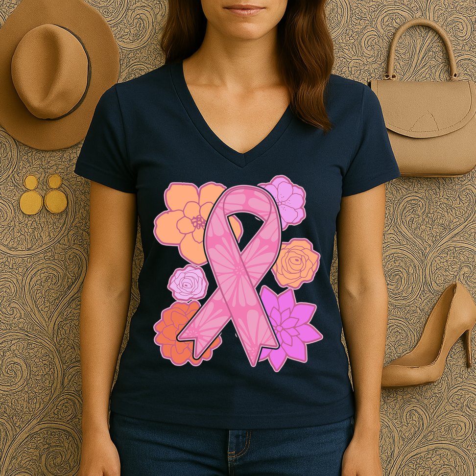 Breast Cancer Awareness Floral Flowers Ribbon Women's V-Neck T-Shirt