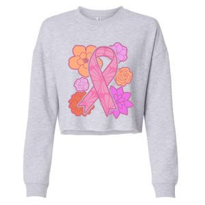 Breast Cancer Awareness Floral Flowers Ribbon Cropped Pullover Crew