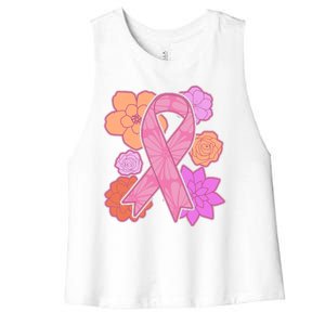 Breast Cancer Awareness Floral Flowers Ribbon Women's Racerback Cropped Tank