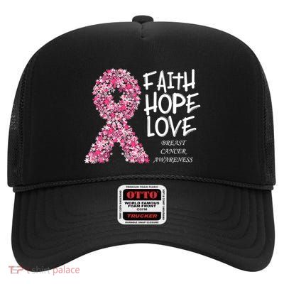 Breast Cancer Awareness Faith Love Hope Pink Ribbon High Crown Mesh Back Trucker Hat