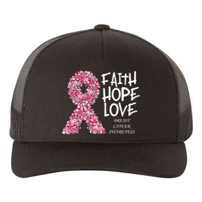 Breast Cancer Awareness Faith Love Hope Pink Ribbon Yupoong Adult 5-Panel Trucker Hat