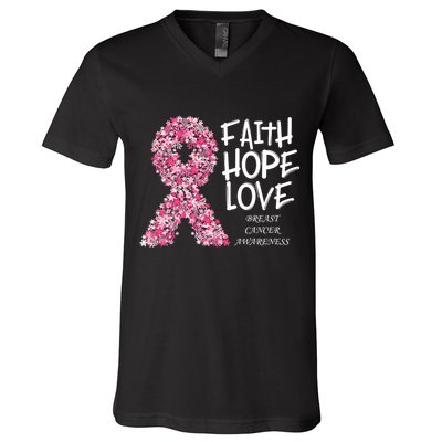 Breast Cancer Awareness Faith Love Hope Pink Ribbon V-Neck T-Shirt