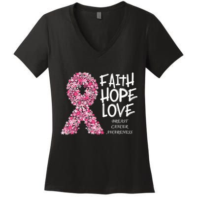 Breast Cancer Awareness Faith Love Hope Pink Ribbon Women's V-Neck T-Shirt