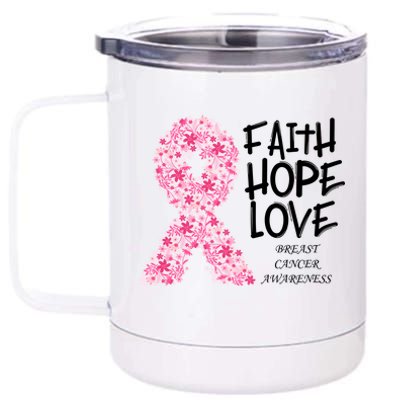 Breast Cancer Awareness Faith Love Hope Pink Ribbon 12 oz Stainless Steel Tumbler Cup