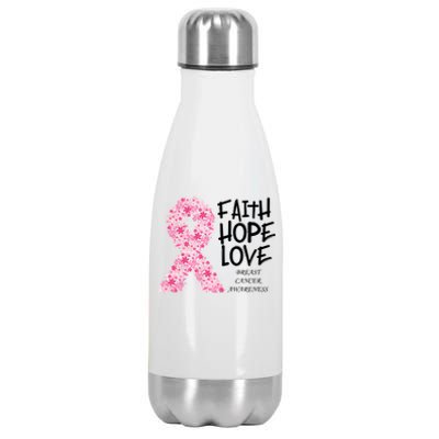 Breast Cancer Awareness Faith Love Hope Pink Ribbon Stainless Steel Insulated Water Bottle