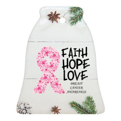 Breast Cancer Awareness Faith Love Hope Pink Ribbon Ceramic Bell Ornament