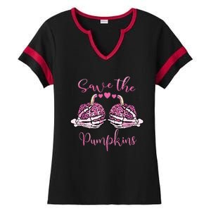 Breast Cancer Awareness Save Your Pumpkins Shirts Halloween Ladies Halftime Notch Neck Tee