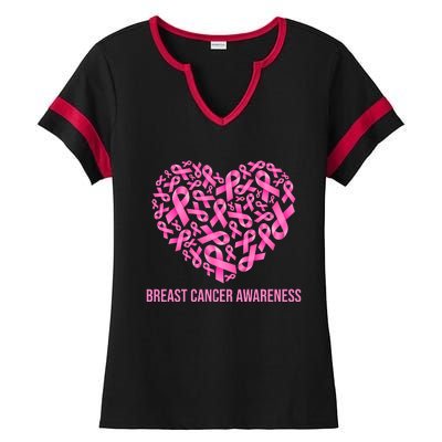 Breast Cancer Awareness Pink Ribbon Heart Ladies Halftime Notch Neck Tee