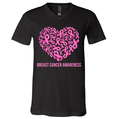 Breast Cancer Awareness Pink Ribbon Heart V-Neck T-Shirt
