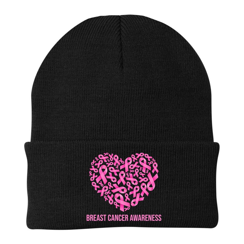 Breast Cancer Awareness Pink Ribbon Heart Beanie