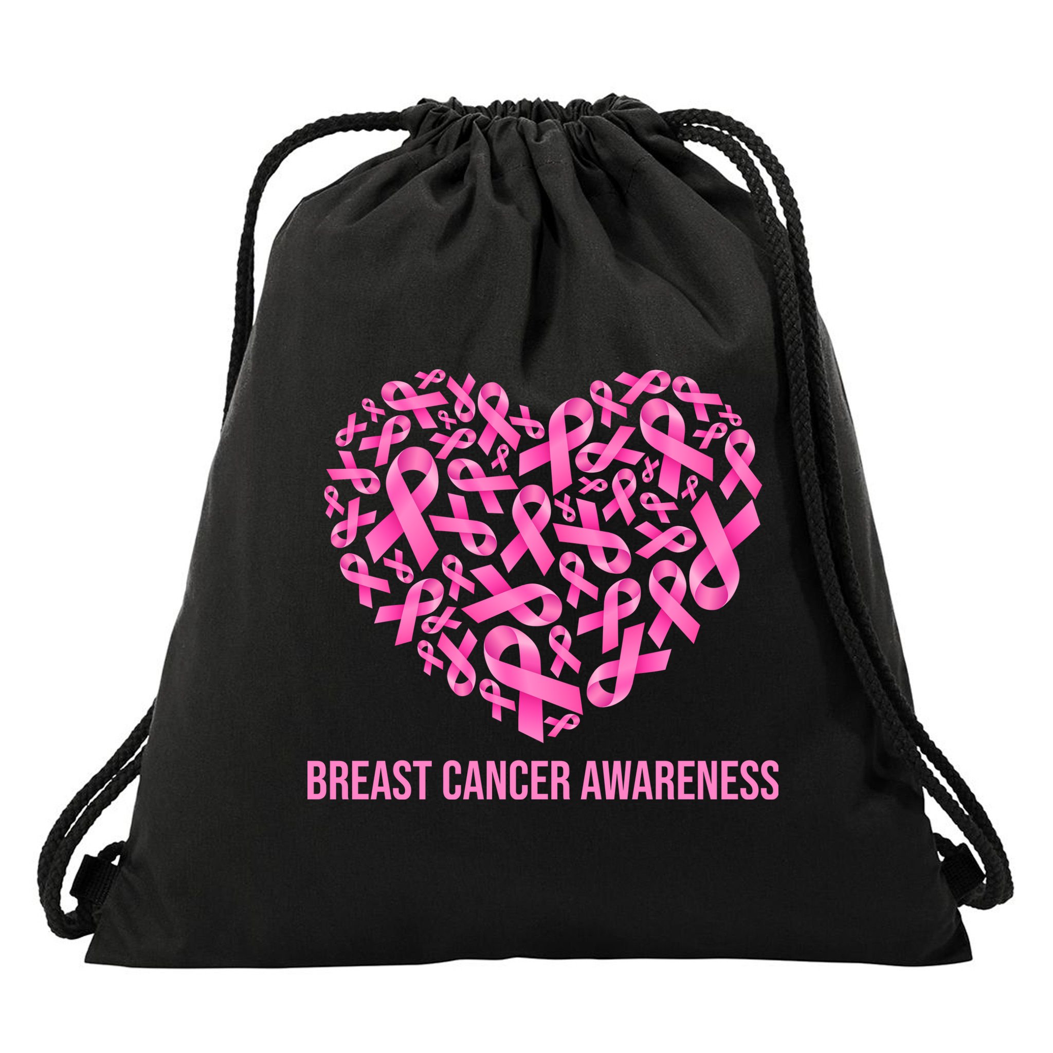 Breast Cancer Awareness Pink Ribbon Heart Drawstring Bag