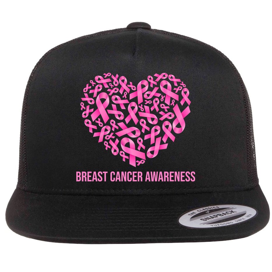 Breast Cancer Awareness Pink Ribbon Heart Flat Bill Trucker Hat