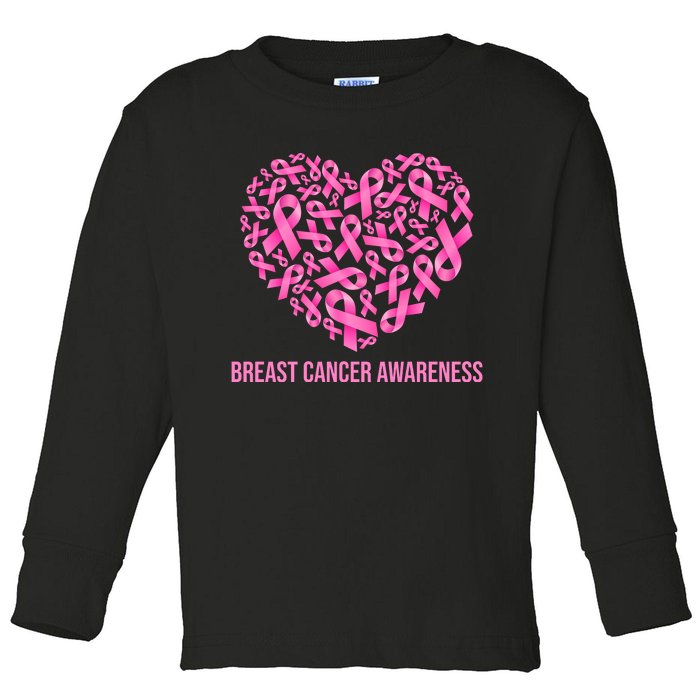 Breast Cancer Awareness Pink Ribbon Heart Toddler Long Sleeve Shirt