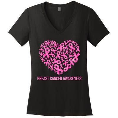 Breast Cancer Awareness Pink Ribbon Heart Women's V-Neck T-Shirt