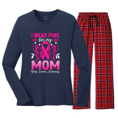 Breast Cancer Awareness I Wear Pink For My Mom Ribbon Butterfly Gift Women's Long Sleeve Flannel Pajama Set 