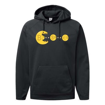 Bitcoin Chases And Eats The Dollar Euro For Crypto Fans Performance Fleece Hoodie