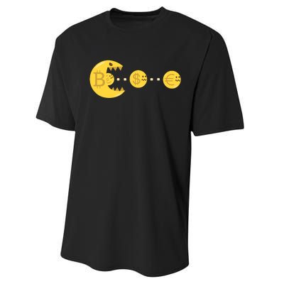 Bitcoin Chases And Eats The Dollar Euro For Crypto Fans Performance Sprint T-Shirt