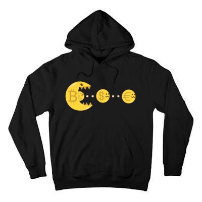 Bitcoin Chases And Eats The Dollar Euro For Crypto Fans Tall Hoodie