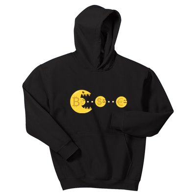 Bitcoin Chases And Eats The Dollar Euro For Crypto Fans Kids Hoodie