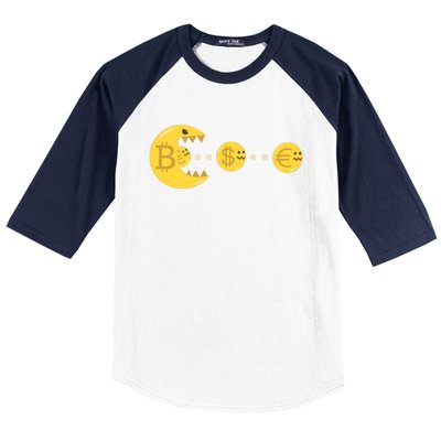 Bitcoin Chases And Eats The Dollar Euro For Crypto Fans Baseball Sleeve Shirt