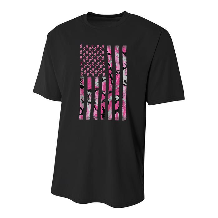 Breast Cancer Awareness Camo Pink Ribbon American Flag Youth Performance Sprint T-Shirt