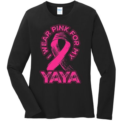 Breast Cancer Awareness I Wear Pink For My Yaya Ribbon Ladies Long Sleeve Shirt