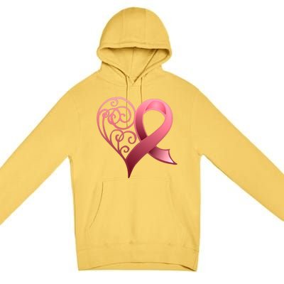 Breast Cancer Awareness Ribbon Heart Pattern Premium Pullover Hoodie