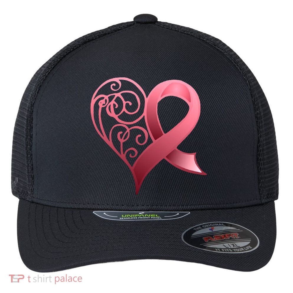 Breast Cancer Awareness Ribbon Heart Pattern Flexfit Unipanel Trucker Cap