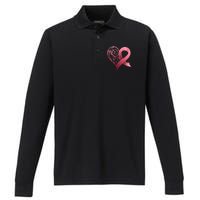 Breast Cancer Awareness Ribbon Heart Pattern Performance Long Sleeve Polo