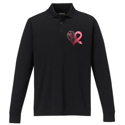 Breast Cancer Awareness Ribbon Heart Pattern Performance Long Sleeve Polo