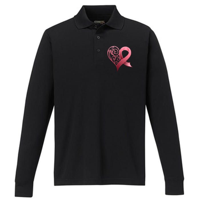 Breast Cancer Awareness Ribbon Heart Pattern Performance Long Sleeve Polo