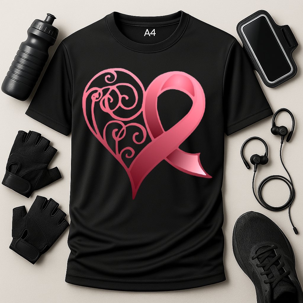 Breast Cancer Awareness Ribbon Heart Pattern Performance Shirt