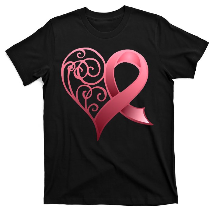 Breast Cancer Awareness Ribbon Heart Pattern T-Shirt