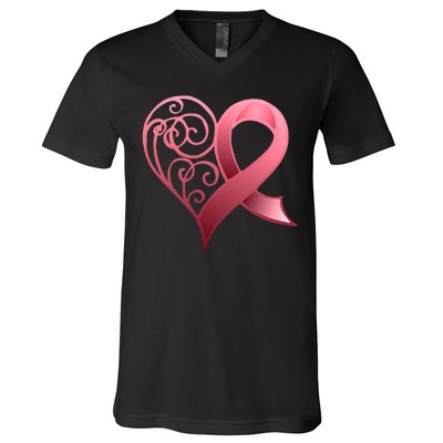 Breast Cancer Awareness Ribbon Heart Pattern V-Neck T-Shirt