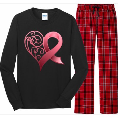 Breast Cancer Awareness Ribbon Heart Pattern Long Sleeve Pajama Set