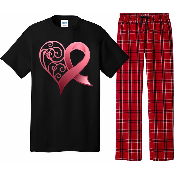 Breast Cancer Awareness Ribbon Heart Pattern Pajama Set