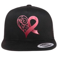 Breast Cancer Awareness Ribbon Heart Pattern Flat Bill Trucker Hat